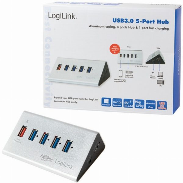 USB3,0 HUB 5Port LogiLink SuperSpeed 1x USB Power passiv Silver