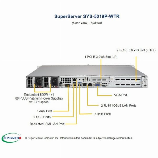 Barebone Server 1 U Single 3647  4 Hot-swap 3.5"  500W Redundant Platinum  SuperServer 5019P-WTR