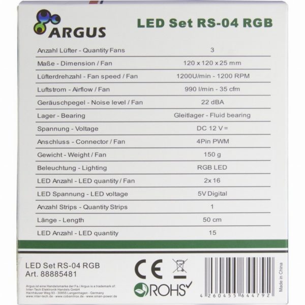 LED Lüfter Inter-Tech Argus RS-04 RGB (3x RGB 120mm Lüfter + 50cm LED Band)