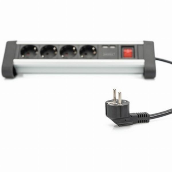 Digitus 4-Fach Steckdosenleiste mit 2xUSB-A und Schalter Schwarz/Silver