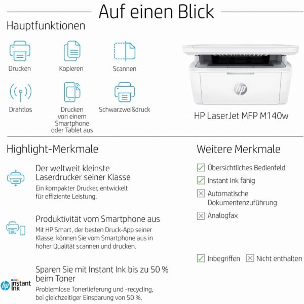 L HP LaserJet MFP M140w S/W-Laserdrucker 3in1 A4 WLAN WiFi 150 Blatt