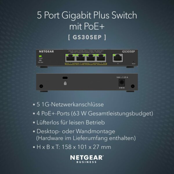 5P Netgear Plus GS305EP-100PES - managed/POE+/63W