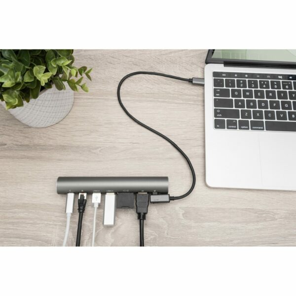 Notebook-Halterung mit USB-C Hub 1x PD2x USB-A 3.01x TF1x SD1xHDMI1xRJ-45 DIGITUS Silber