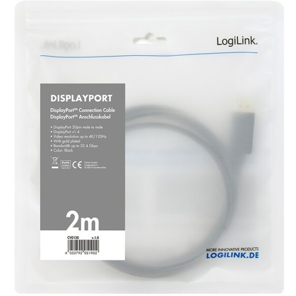 LogiLink DisplayPort 1.4 (ST-ST) 2m Anschlusskabel 8K 60Hz Schwarz